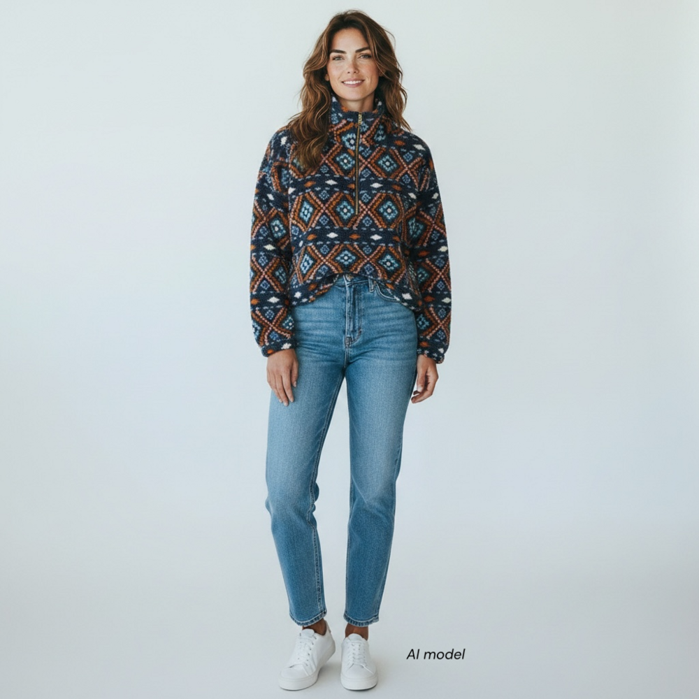 Old Navy Sweater Womens XXL Blue Aztec Geo Fluffy Fleece Mock Half Zip Pullover